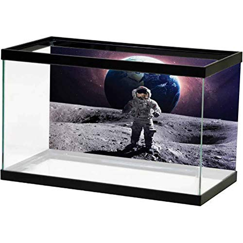 ScottDecor Space Underwater World Backdrop Brave Astronaut at The Spacewalk on The Moon Surface with Earth Cosmos Art Image Side Aquarium Poster Background Decoration Grey Magenta L30 X H18 Inch