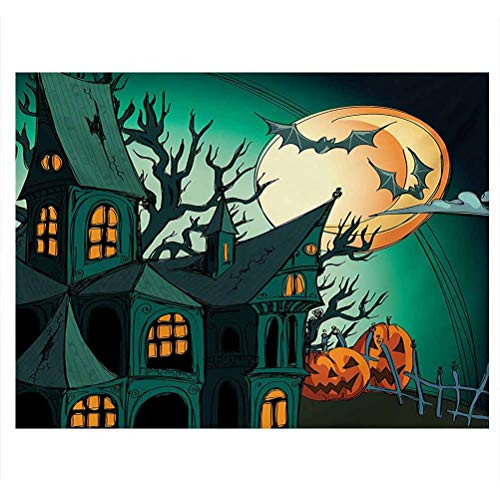 ScottDecor Halloween Aquarium Background Haunted Medieval Cartoon Style Bats in Twilight Gothic Fiction Spooky Art Print Side Aquarium Poster Background Decoration Orange Teal W30 x L18 Inch