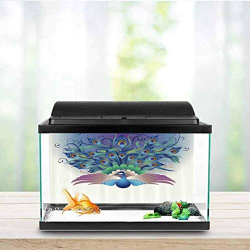 Peacock Decor Collection Aquarium 3D Backdrops Illustration of Ornate Peacock with Majestic Tail Feather Dangling Around Birds Wing Theme Side Aquarium Poster Background Decoration Multi