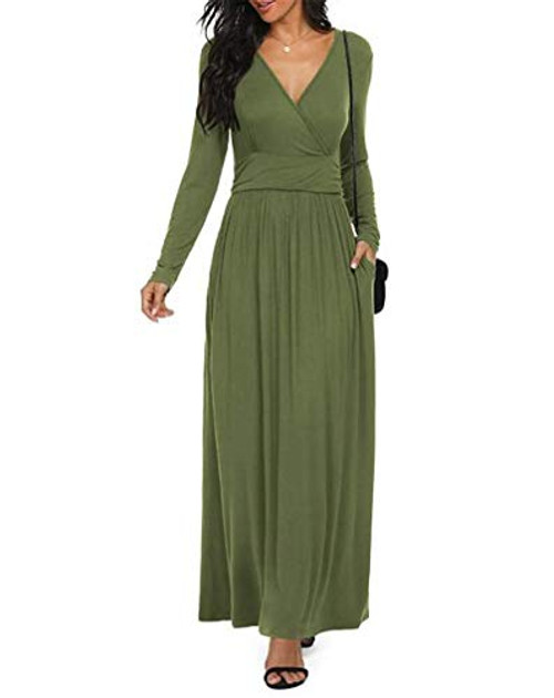 HAM Dress for Women Elegant Long Sleeve Maxi Dresses for WomenLoose Boho Empire Waist Long Dress Army Green