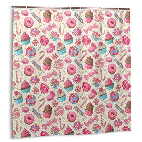Zhengzho Shower CurtainCandy Cane Yummy Sweet Lollipop Candy Macaroon Cupcake and Donut On Polka Dots Pattern Fabric Bathroom Decor Set with Hooks 60x72in