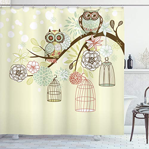 Ambesonne Owls Shower Curtain Winter Floral Background Blossoms Owls Out of Their Cages Birdcage Freedom Cloth Fabric Bathroom Decor Set with Hooks 84 inch Long Extra Green Brown