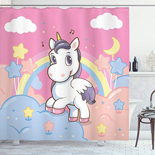 Ambesonne Feminine Shower Curtain Unicorn with Rainbow and Music Notes Clouds in The Sky Art Print Cloth Fabric Bathroom Decor Set with Hooks 84 inch Long Extra Pink Yellow