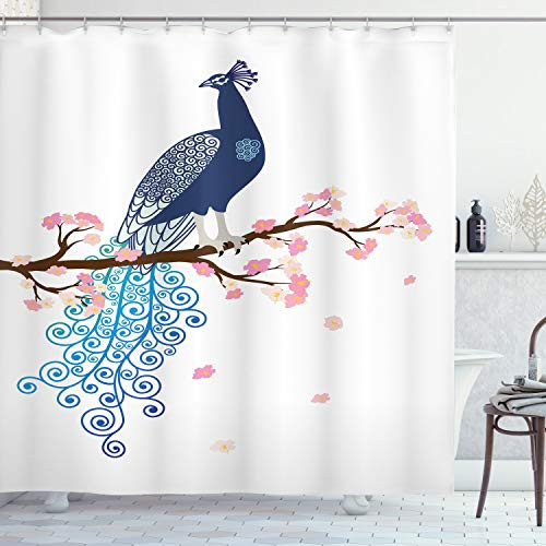 Ambesonne Peacock Shower Curtain Illustration of Abstract Peacock on Blossom Tree Branch Ornate Summertime Cloth Fabric Bathroom Decor Set with Hooks 84 inch Long Extra Pink Brown