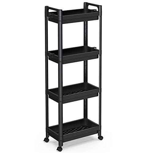 SOYO Rolling Storage Cart 4 Tier Mobile Shelving Unit Bathroom Organizers Slide Out Laundry Cart with Casters for Bathroom Laundry Pantry Kitchen Narrow Places Black