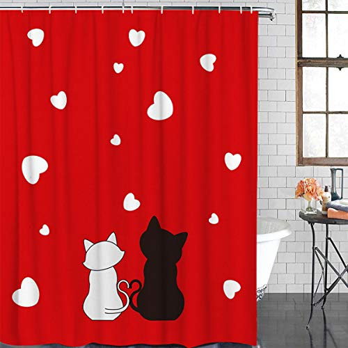 Arts Language Waterproof Polyester Fabric Shower Curtains Valentines Day Cartoon Cats Couples with Hearts Shower Curtain Bathroom Decor Sliding Cover with Free Hooks 72x72in