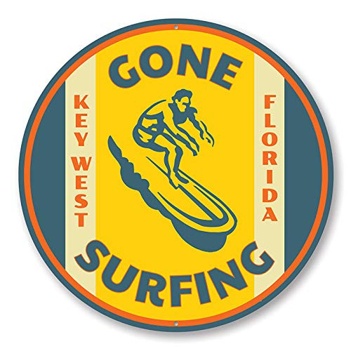 Gone Surfing Key West Florida Surfer Aluminum Sign - 12 inch Circle