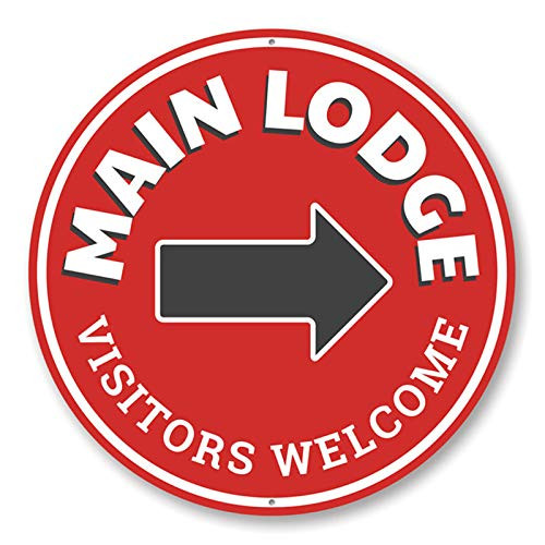 Main Lodge Ski Lodge Welcome Sign Directional Arrow Sign Ski Lodge Decorative Aluminum Sign - 12 inch Circle
