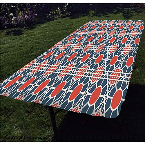 Geometric Polyester Fitted TableclothGrid Style Squares with Diagonal Lines and Circles Middle Eastern Decorative Rectangular Elastic Edge Fitted Table CoverFits Rectangular Tables 72x32 inch Cadet Blue