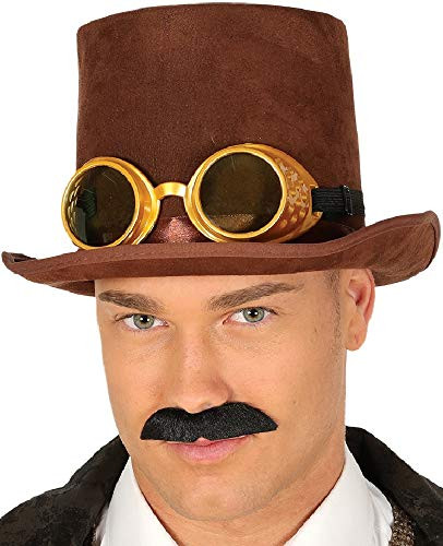 Mens Ladies Brown Victorian Steampunk Top Hat with Goggles Fancy Dress Costume Outfit Accessory