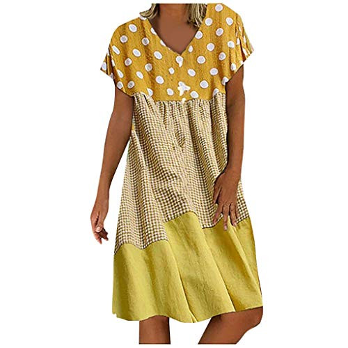 Women Plus Size DressLadies Casual Loose Short Sleeve Dress Vintage Print T Shirt Dress Yellow