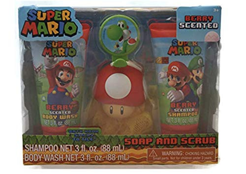 Super Mario Childrens Bath Gift Set - Shampoo Body Wash Bath Scrubby  and  Hook