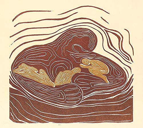 Original Woodcut Print Lullaby Mother Earth Hugging Sleeping Golden Children Woodblock Art