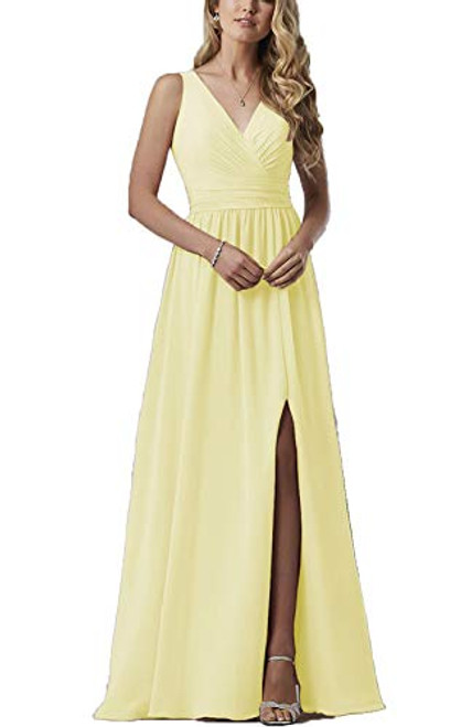 V-Neck Wedding Bridesmaid Dresses with Slit Long Chiffon Formal Evening Party Maxi Dress 2019 for Women Plus Size Pale Yellow V-Neck Wedding Bridesmaid Dresses with Slit Long Chiffon Formal Evening Party Maxi Dress 2019 for Women Plus Size Pale Yellow