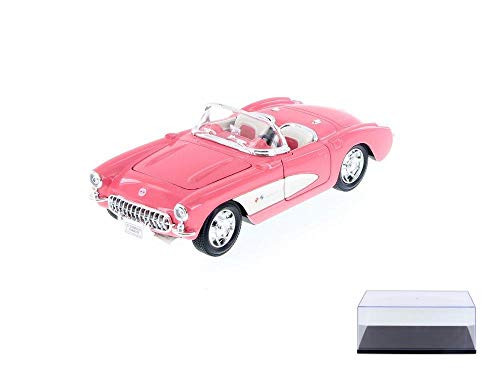 Welly Diecast Car  and  Display Case Package - 1957 Chevy Corvette Convertible Pink w/ White 29393WPK - 1/24 Scale Diecast Model Toy Car w/Display Case
