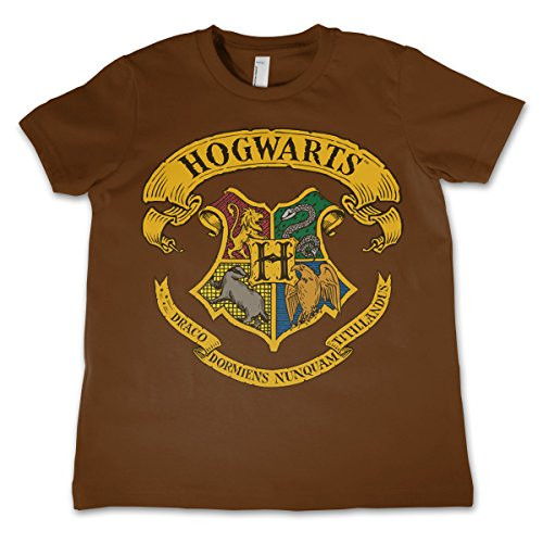Officially Licensed Harry Potter - Hogwarts Crest Kids T-Shirt - Brown 3/4 Years
