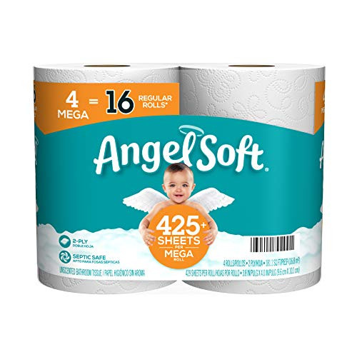 Angel Soft Toilet Paper Bath Tissue 4 Mega Rolls 425 Plus 2-Ply Sheets Per Roll