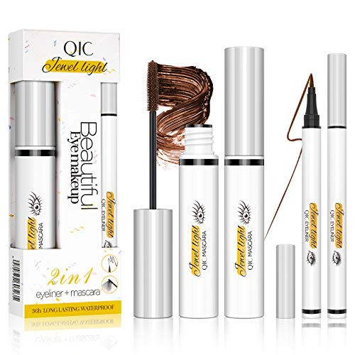 2 in1 Mascara  and  Eyeliner Set 1pcs Colored 4D Silk Fiber Lash Mascara and 1pcs Colored Liquid Eyeliner Pen Waterproof Eyelash Eye Makeup Long Lasting Smudge-Proof Voluminous  and  Charming Mascara Eyeliner Kit
