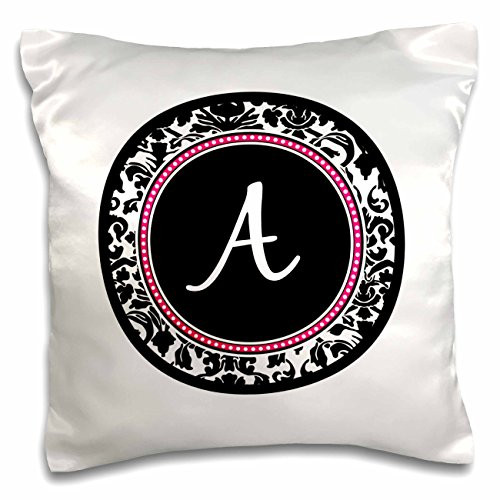 3dRose Letter A Stylish Monogrammed Circle-Girly Personal Initial-Personalized Black Damask Hot Pink-Pillow Case 16 by 16 inch -pc_154593_1- 3dRose Letter A Stylish Monogrammed Circle-Girly Personal Initial-Personalized Black Damask Hot Pink-Pillow Case 16 by 16 inch -pc_154593_1-