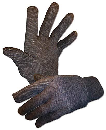 1 Pair Mens Brown Jersey Work Gloves w PVC Grip Dots Palm Thumb and Index Finger Poly/Cotton