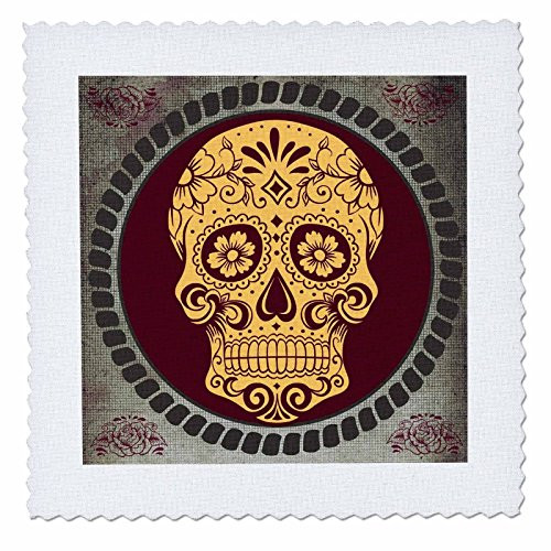 3D Rose Day of The Dead Cool Design Yellow Burgundy Grey Square Quilt 8 x 8