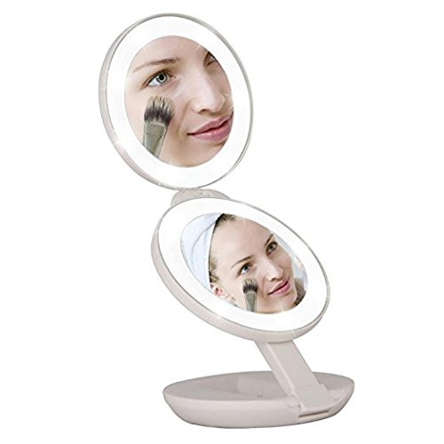 LED Lighted Travel Makeup Magnifying Mirror, 1X/10X Double Sided Compact Folding LED lighted Mirrors,Lightweight and Portable for E-Z use, Pocket Vanity/Cosmetic Mirror (White)