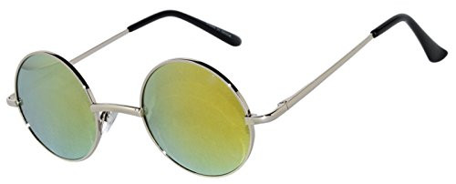 Round Retro Vintage Circle Style Yellow Mirrored Lens Sunglasses Silver Metal Frame