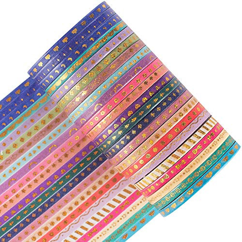 YUBBAEX Skinny Washi Tape Set Gold Foil Print Thin Decorative Tapes for Arts DIY Crafts Bullet Journals Planners Scrapbooking Wrapping -3mm x 23 Rolls-