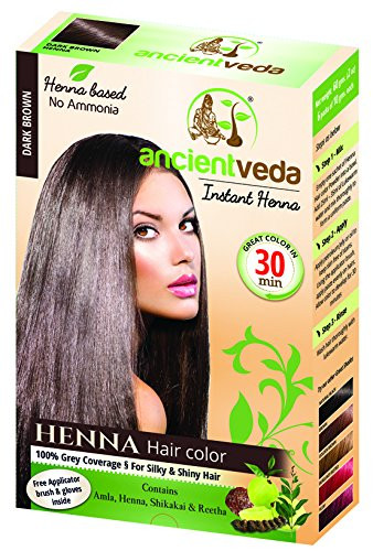 AncientVeda Henna Hair Color - Instant Henna with Applicator Brush and Gloves - 60 grams -Black- -60 Gram Dark Brown-