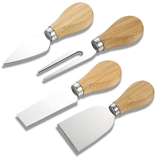 Set of 4 Cheese Knives with Bamboo Wood Handle Futu Steel Stainless Cheese Slicer Cheese Cutter- Mini Knife Butter Knife Spatula  and  Fork