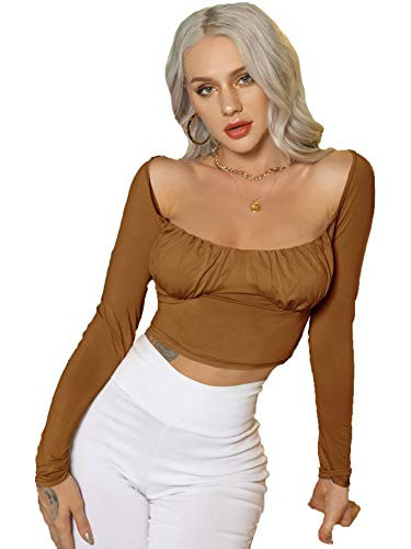 Romwe Womens Sexy Ruched Bust Square Neck Long Sleeve Crop Tops Blouse Mocha Brown S
