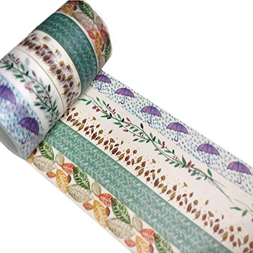 5 Rolls Washi Tape Set Decorative Masking Tape Set 15mm Wide Colored Floral Washi Tapes Paper Tapes for Bullet Journal Scrapbooking Arts Crafts Tape DIY Projects -5 Rolls Umbrella Fall Leaves-