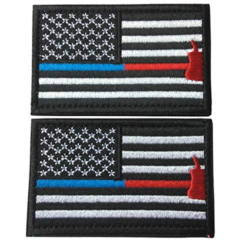 Bundle 2 Pieces Police Firefighter Axe USA Flag Thin Blue and Red Line Fully Embroidered Tags Patch -Blue and Red Line-