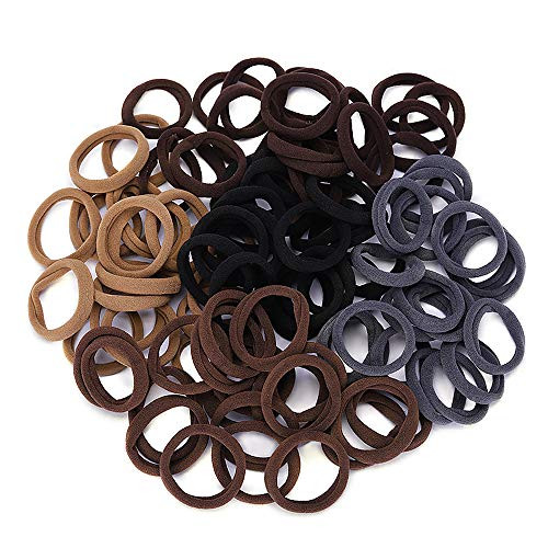 Seamless Cotton Hair Ties Thick Soft Hair Bands No Crease Ponytail Holders Elastic Stretch Ponytail Ties for Women Ladies Black Brown Gray Khaki -100 PCS-