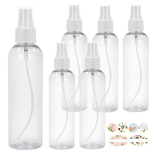 6 Pack 4 oz 120 ML Clear Plastic Spray Bottles with Fine Mist Sprayer.Refillable  and  Reusable Bottles for Essential OilsPerfumesCleaning ProductsAromatherapy.Included 1 Brush  and  6 Labels.