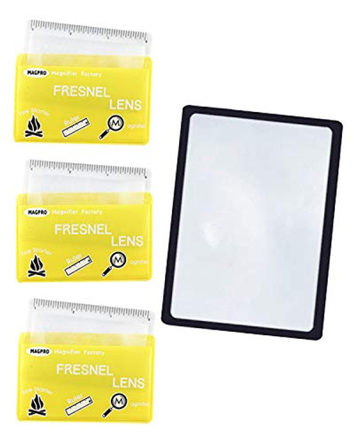 MagDepo 3 Pack Card Magnifier Ruler Fresnel Lens Fire Starter Credit Card Size Magnifier Magnifying Lens with 1 Bonus Page Compact Plastic Magnifying Sheet - Yellow