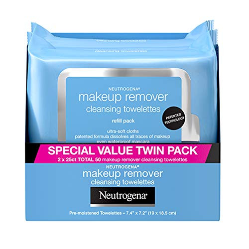 Neutrogena Makeup Remover Cleansing Face Wipes Daily Cleansing Facial Towelettes to Remove Waterproof Makeup and Mascara Alcohol-Free Value Twin Pack 25 Count 2 Pack