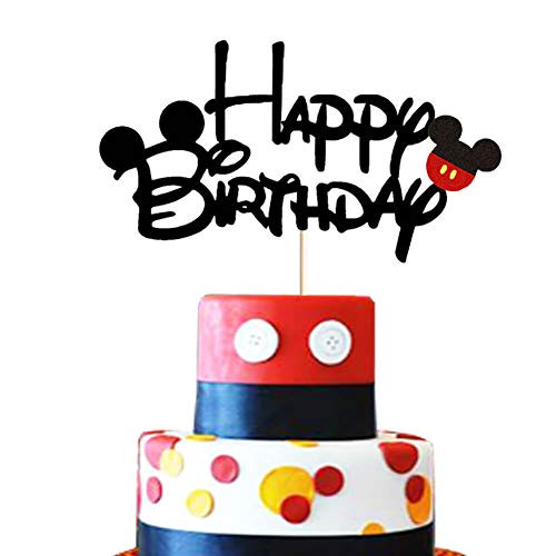 Mickey Happy Birthday Cake Topper Black Glitter Mickey Mouse First Birthday Two Three Four Five Six Years Old Birthday Mickey Themed Boys Kids Birthday Party Cake Supplies Decoration