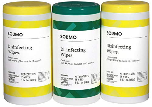 Amazon Brand - Solimo Disinfecting Wipes Lemon Scent  and  Fresh Scent Sanitizes/Cleans/Disinfects/Deodorizes 75 Count -Pack of 3-