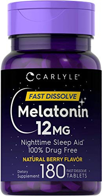 Carlyle Melatonin 12 mg Fast Dissolve 180 Tablets - Nighttime Sleep Aid - Natural Berry Flavor - Vegetarian Non-GMO Gluten Free