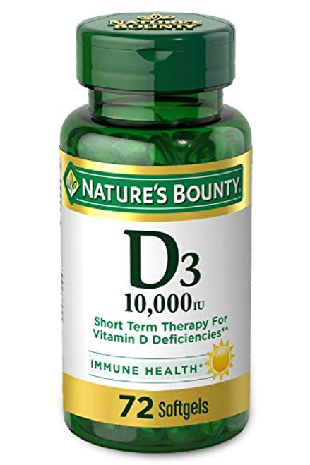 Natures Bounty Vitamin D for Immune Support and Promotes Healthy Bones 10000IU Softgels Multi-Color 10000 IU 72 Count -Pack of 1- Natures Bounty Vitamin D for Immune Support and Promotes Healthy Bones 10000IU Softgels Multi-Color 10000 IU 72 Count -Pack of 1-