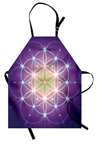 Ambesonne Bohemian Apron Interlace Circles Sign of Cosmos Harmony Folk Hidden Abstract Motif Unisex Kitchen Bib with Adjustable Neck for Cooking Gardening Adult Size Purple Yellow