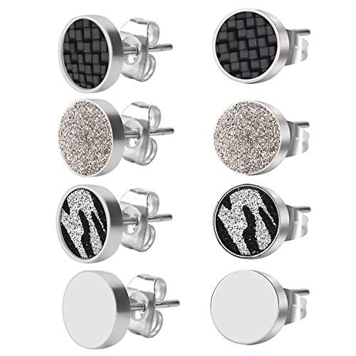 KWUNCCI Black Round Stud Earrings Set Stainless Steel Ear Studs for Men Women 4 Pairs 8mm