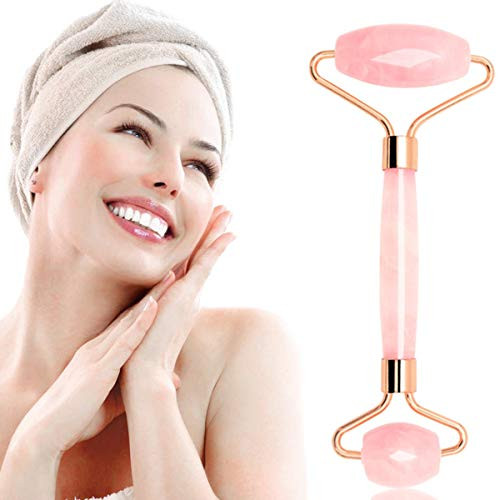 Jade Roller for Face Rose Quartz Face Roller Massager MUZHI Neck Skin Gym Jade Stone Facial Roller Eye Treatment Roller Reduce Wrinkles Anti Aging Natural Pink Crystal Beauty Jade Facial Roller