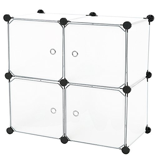 C&AHOME - 4 Cube DIY Bookcase Bookshelf Mini Storage Organizer with Doors, Translucent