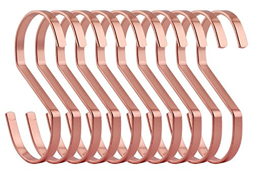 RuiLing 10-Pack 4 Inch Rose Gold Chrome Finish Steel Hanging Flat Hooks - S Shaped Hook Heavy-Duty S Hooks for Kitchenware Pots Utensils Plants Towels Gardening Tools Clothes.