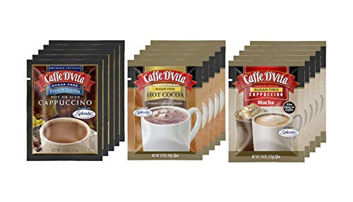 Caffe DVita Premium Instant Sugar Free Coffee Cappuccino Single Serve Assortment Pack - French Vanilla Hot Cocoa Mocha - 15 Envelopes -5 of Each Flavor- Caffe DVita Premium Instant Sugar Free Coffee Cappuccino Single Serve Assortment Pack - French Vanilla Hot Cocoa Mocha - 15 Envelopes -5 of Each Flavor-