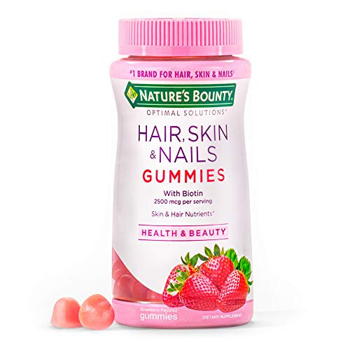 Hair Skin and Nails with Biotin by Natures Bounty Optimal Solutions Multivitamin Supplement Strawberry Gummies 2500 mcg 140 Count