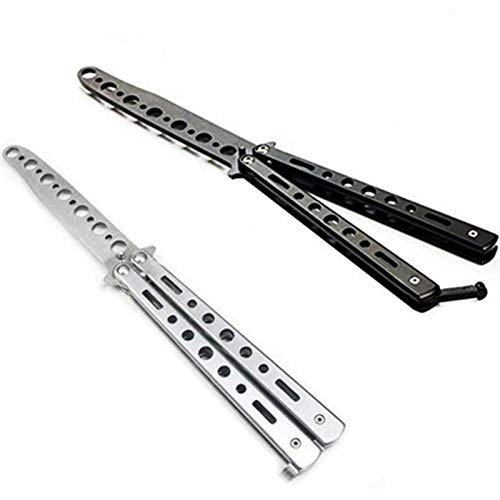 Butterfly Knife Trainer Martial Arts Practice Swords Steel Metal Folding Balisong Training Knife Tool Unsharpened for Men Boys Kids CSGO Black and Silver Set of 2