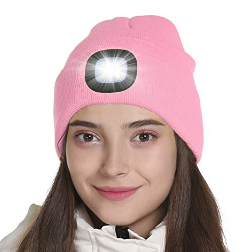Tutuko Unisex LED Lighted Beanie Cap USB Rechargeable Hands Free 4 LED Headlamp Cap Warm Winter Knitted Hat with LED Flashlight for Hiking Biking Camping -Pink-